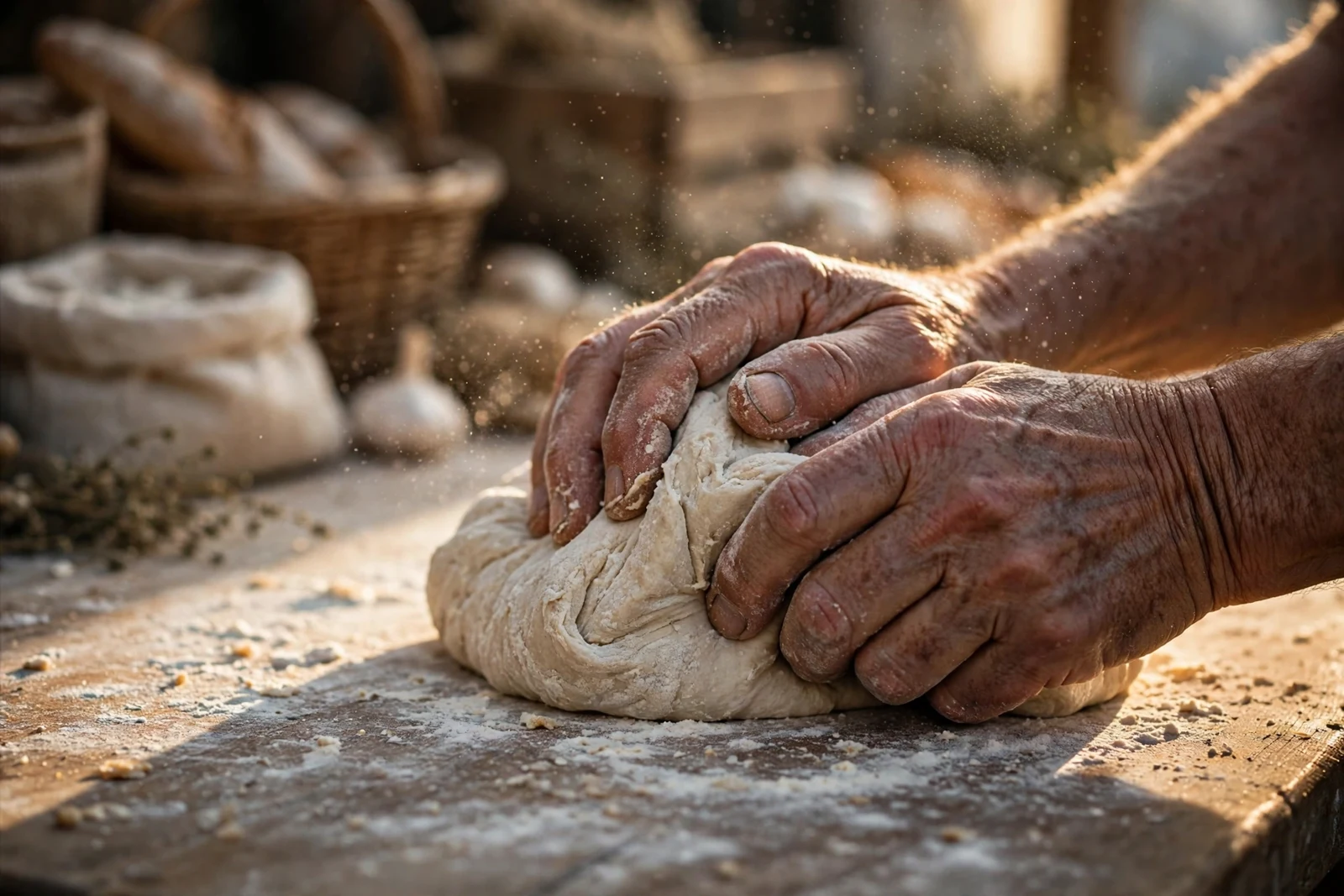Weathered hands kneading bread dough on a floured wooden counter in warm side light