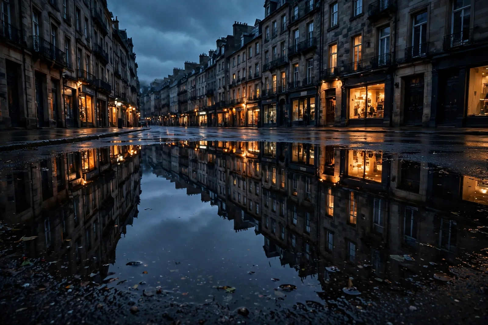 Vitrines éclairées et façades de pierre reflétées dans une grande flaque sur une rue mouillée au crépuscule