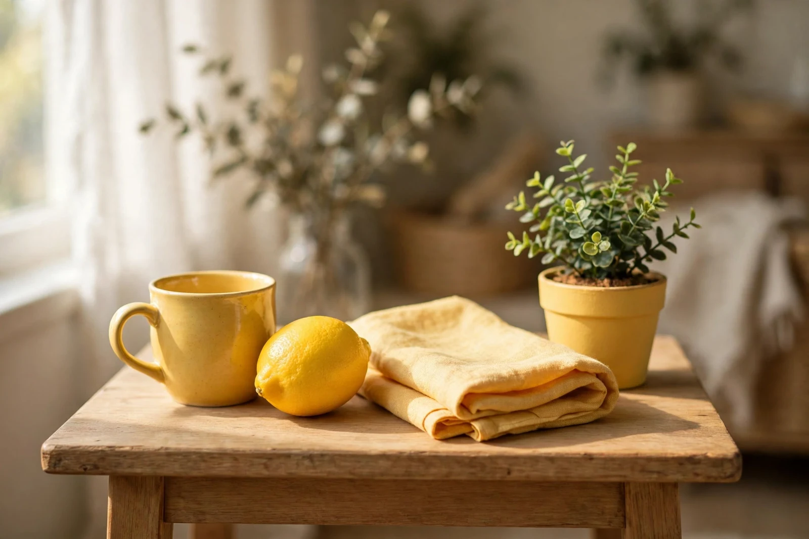 Une nature morte à la maison à la lumière d'une fenêtre, avec une tasse jaune, un citron, un linge jaune plié et une petite plante en pot sur une table en bois